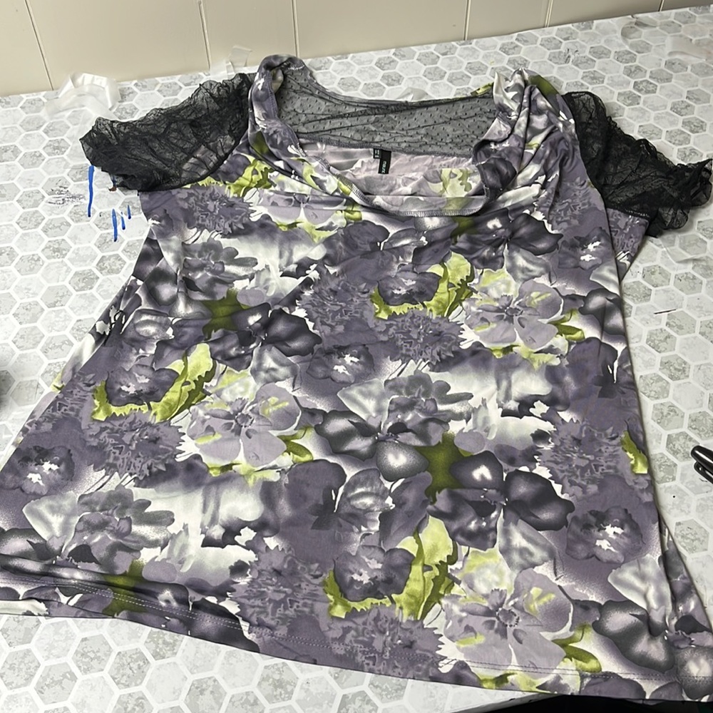 Maurice’s XXL Short Sleeve Lace Sheer Floral Blouse Cowl Neck